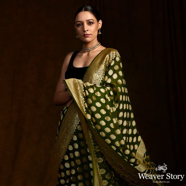 Mehendi green banarasi georgette saree with zari motifs