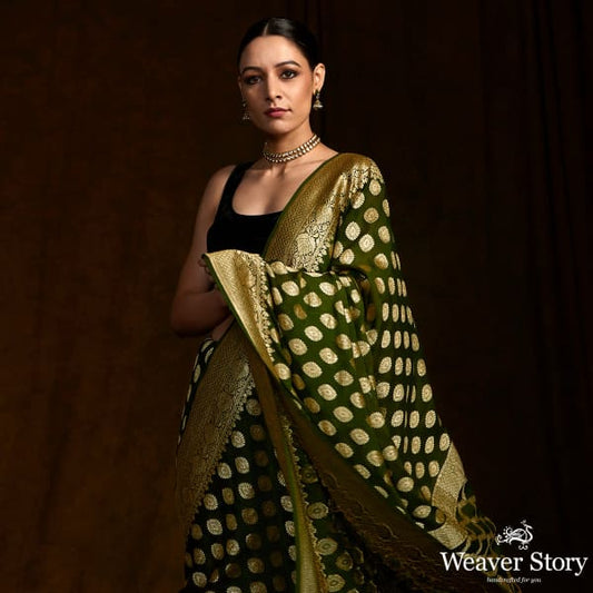 Mehendi green banarasi georgette saree with zari motifs