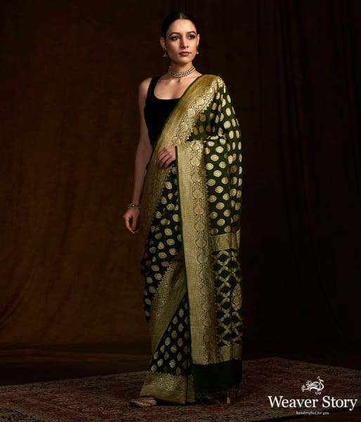 Mehendi green banarasi georgette saree with zari motifs