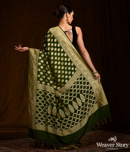 Mehendi green banarasi georgette saree with zari motifs