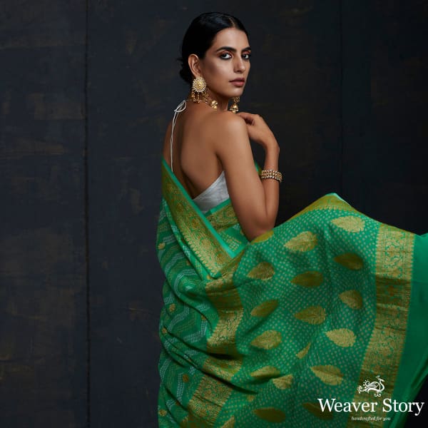 Green Banarasi Bandhej Saree with kadhwa booti and chevron tie and dye