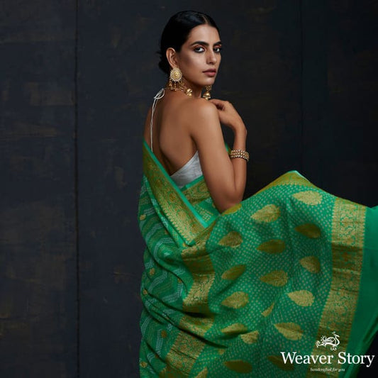 Green Banarasi Bandhej Saree with kadhwa booti and chevron tie and dye