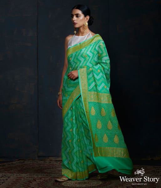 Green Banarasi Bandhej Saree with kadhwa booti and chevron tie and dye