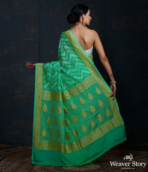Green Banarasi Bandhej Saree with kadhwa booti and chevron tie and dye