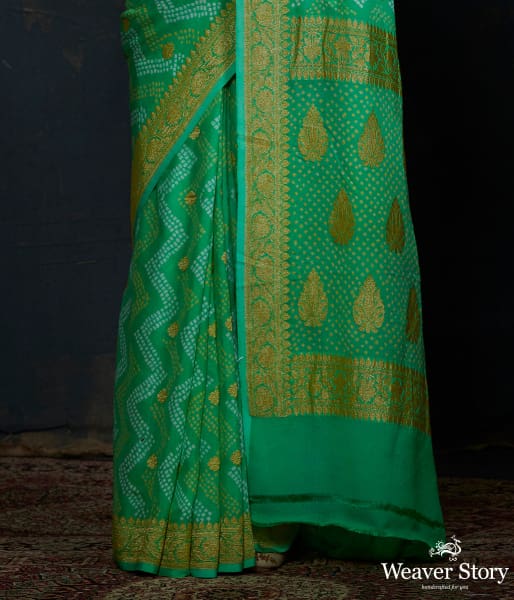 Green Banarasi Bandhej Saree with kadhwa booti and chevron tie and dye