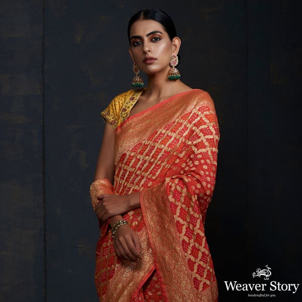 Orange Banarasi Bandhej Saree with zari