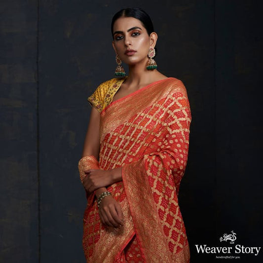 Orange Banarasi Bandhej Saree with zari