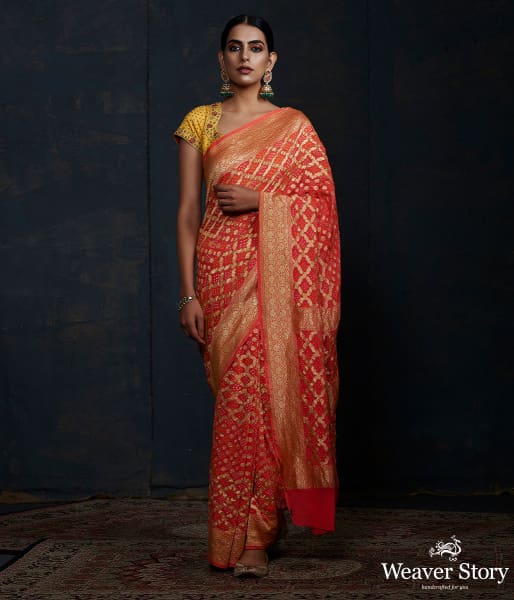 Orange Banarasi Bandhej Saree with zari