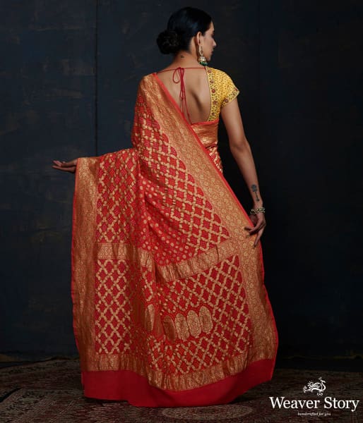 Orange Banarasi Bandhej Saree with zari
