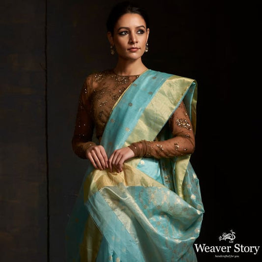 Light Blue cotton silk chanderi saree with gold zari weave