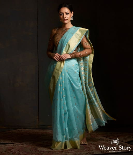 Light Blue cotton silk chanderi saree with gold zari weave