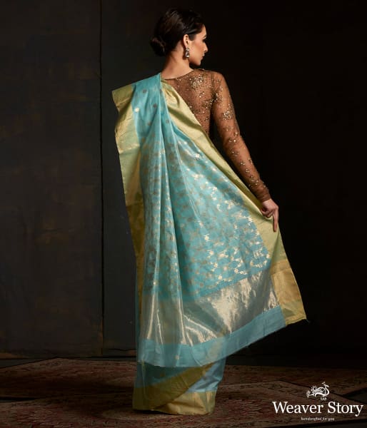 Light Blue cotton silk chanderi saree with gold zari weave