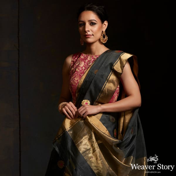 Grey chanderi silk saree with floral bootis in gold zari with meenakari