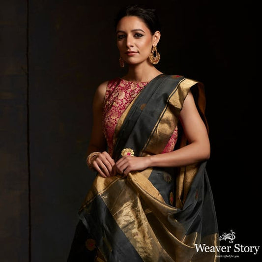 Grey chanderi silk saree with floral bootis in gold zari with meenakari