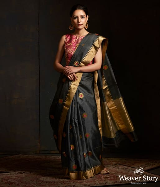 Grey chanderi silk saree with floral bootis in gold zari with meenakari