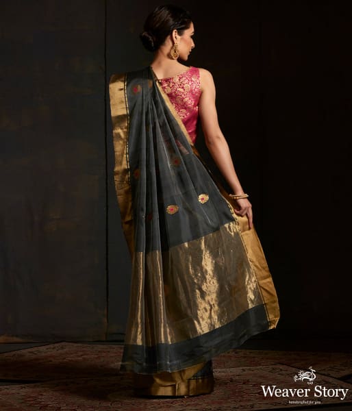 Grey chanderi silk saree with floral bootis in gold zari with meenakari
