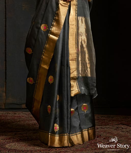 Grey chanderi silk saree with floral bootis in gold zari with meenakari