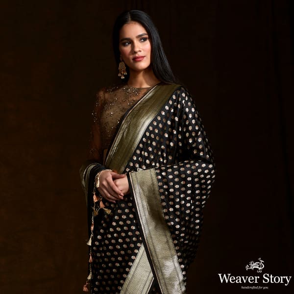 Black katan silk saree with dual tone zari motifs