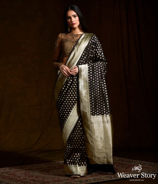 Black katan silk saree with dual tone zari motifs