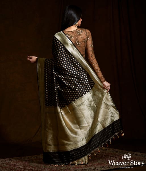 Black katan silk saree with dual tone zari motifs
