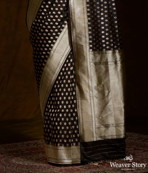 Black katan silk saree with dual tone zari motifs
