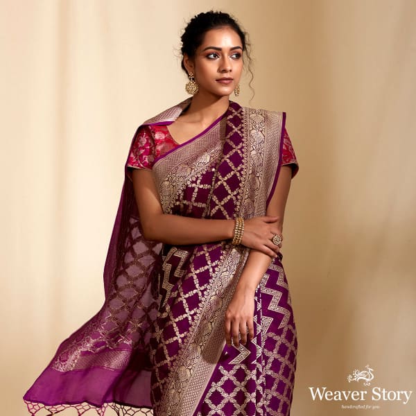 Purple Banarasi Georgette Saree with Chevrons
