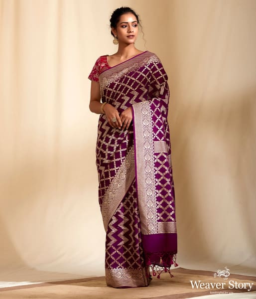 Purple Banarasi Georgette Saree with Chevrons