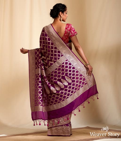 Purple Banarasi Georgette Saree with Chevrons