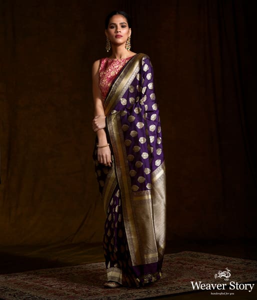 Purple katan silk saree with zari motifs