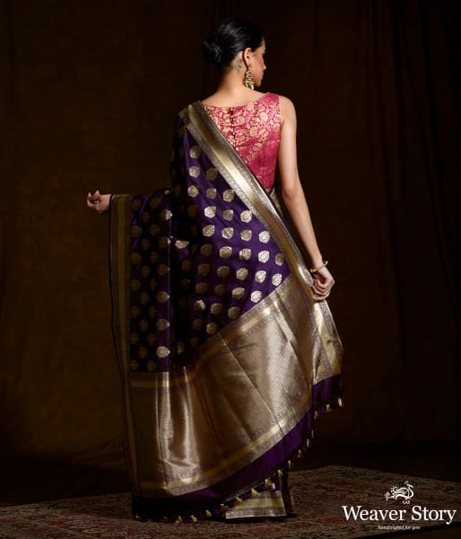 Purple katan silk saree with zari motifs