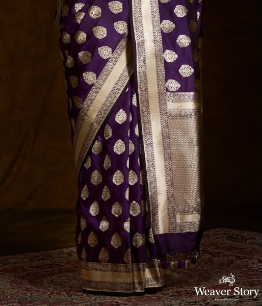 Purple katan silk saree with zari motifs