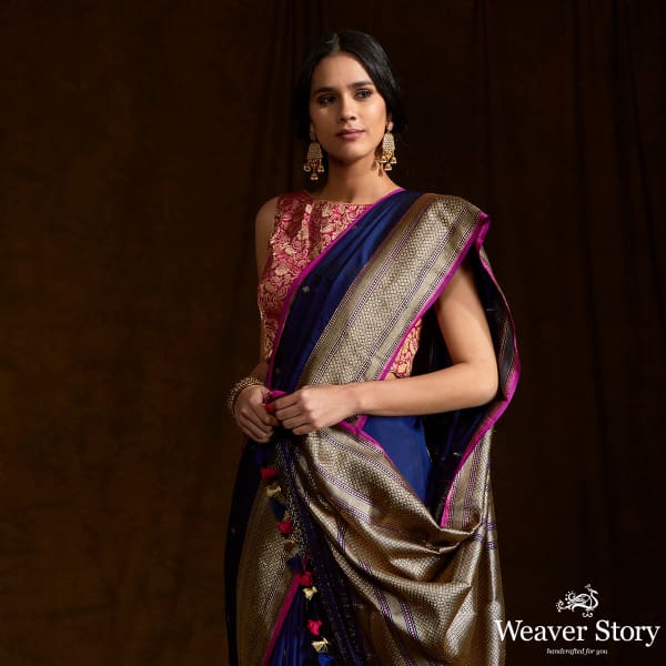 Blue Black Kadhwa Booti Saree in Ektara