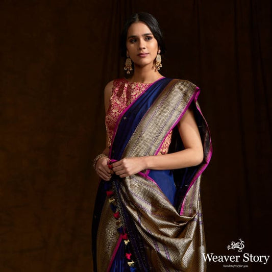 Blue Black Kadhwa Booti Saree in Ektara
