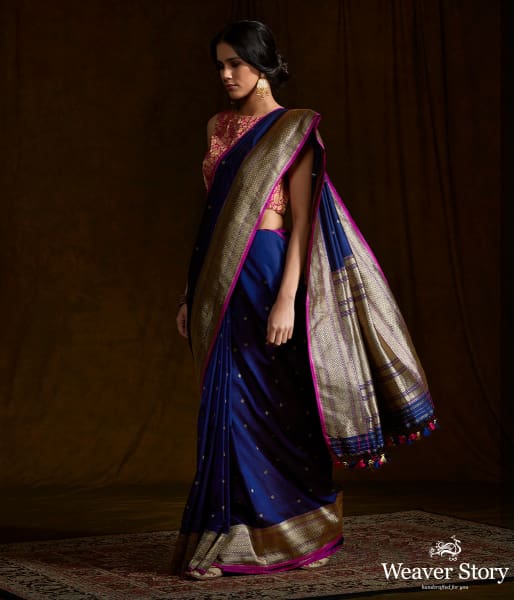 Blue Black Kadhwa Booti Saree in Ektara