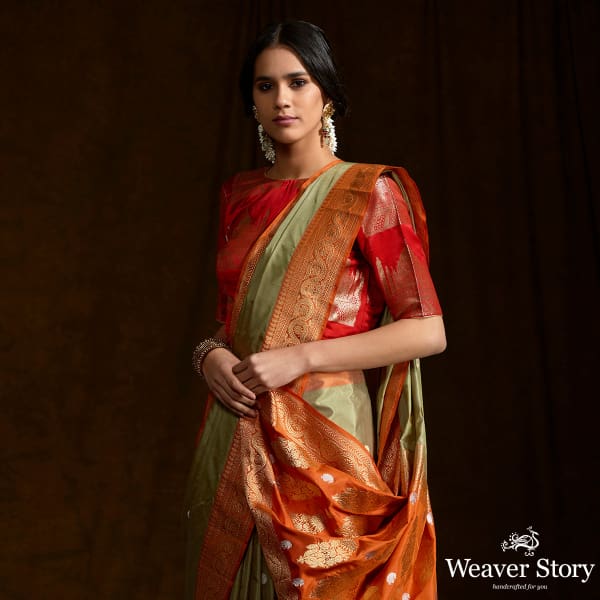 Pista Green Kadhiyal  banarasi Saree with Orange kadhwa Border