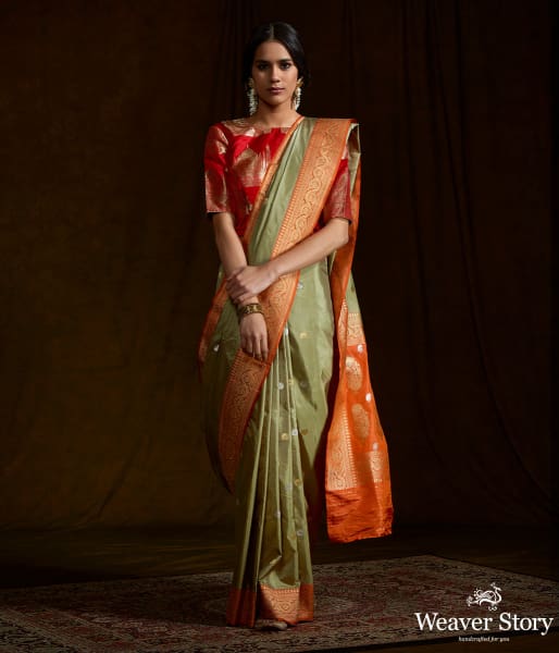 Pista Green Kadhiyal  banarasi Saree with Orange kadhwa Border