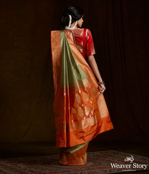 Pista Green Kadhiyal  banarasi Saree with Orange kadhwa Border