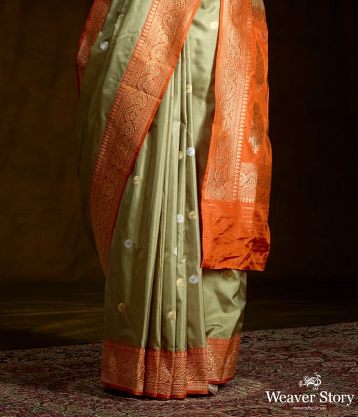 Pista Green Kadhiyal  banarasi Saree with Orange kadhwa Border