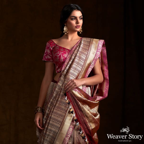 Handwoven banarasi kimkhab saree in a deep wine with a purple selvedge