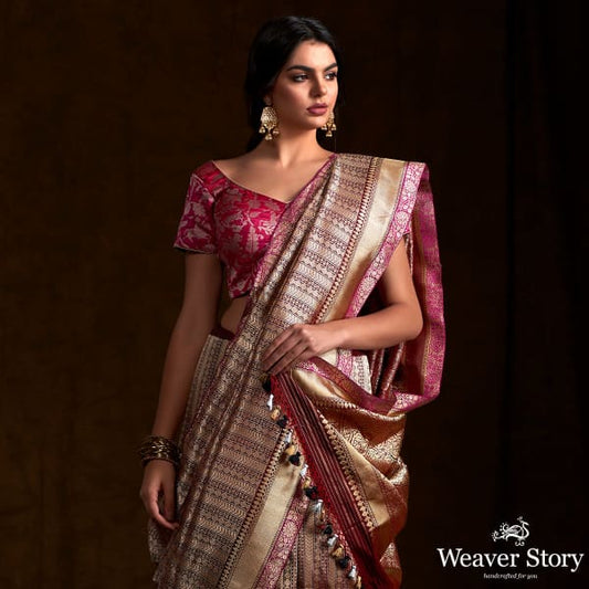 Handwoven banarasi kimkhab saree in a deep wine with a purple selvedge