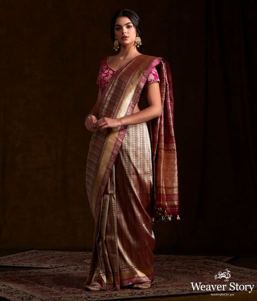 Handwoven banarasi kimkhab saree in a deep wine with a purple selvedge