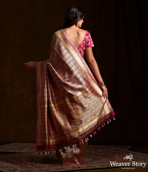 Handwoven banarasi kimkhab saree in a deep wine with a purple selvedge