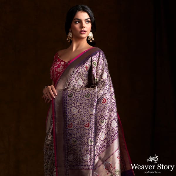 Purple katan silk broacde saree with meenakari