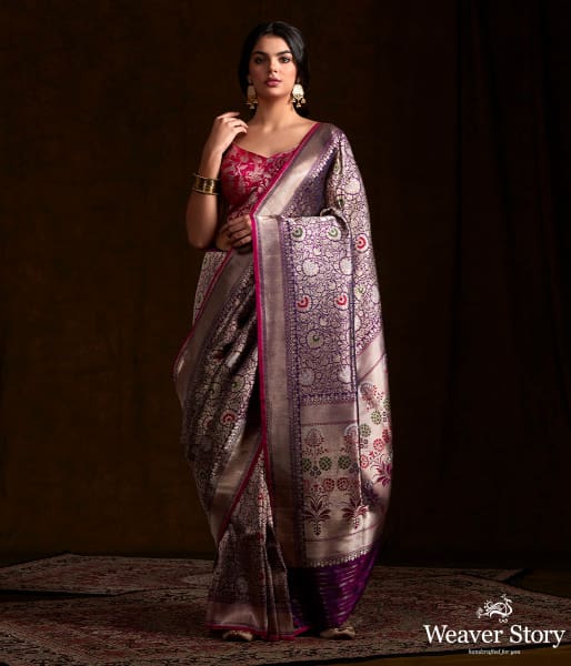 Purple katan silk broacde saree with meenakari