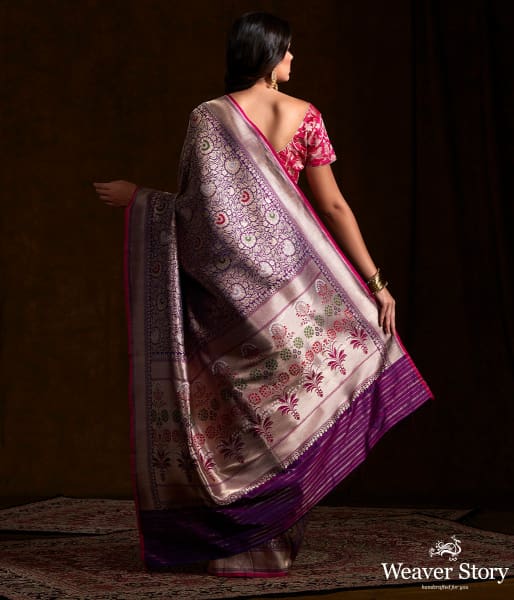 Purple katan silk broacde saree with meenakari