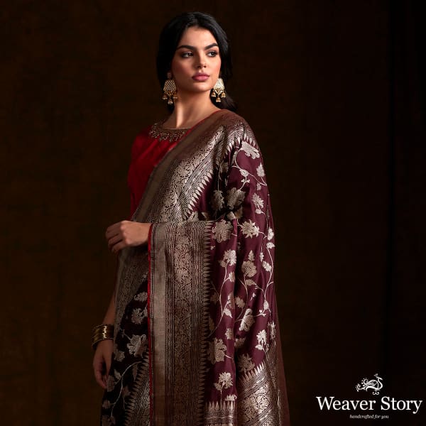 Wine Handwoven Banarasi Jangla with Red Selvedge