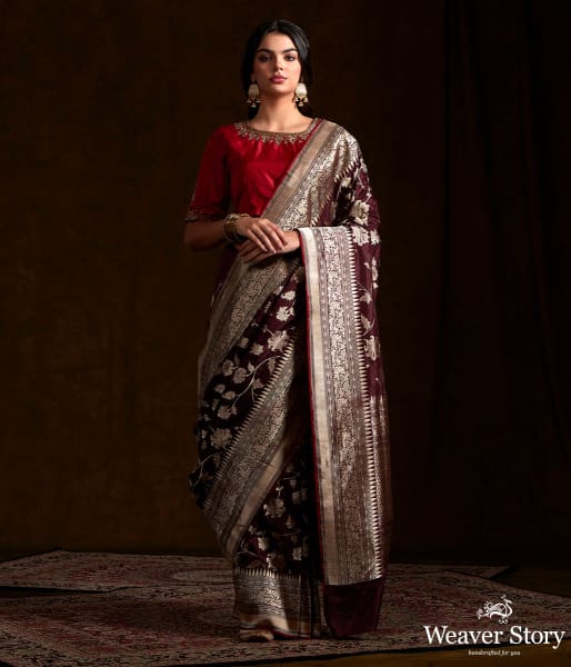 Wine Handwoven Banarasi Jangla with Red Selvedge