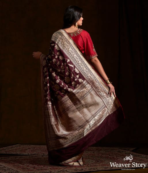 Wine Handwoven Banarasi Jangla with Red Selvedge