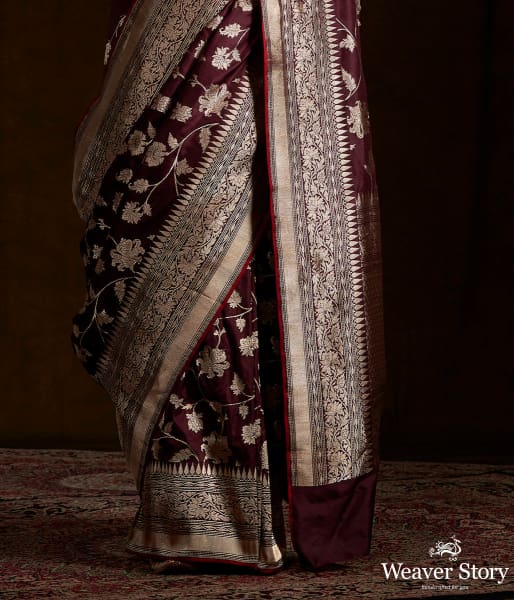 Wine Handwoven Banarasi Jangla with Red Selvedge