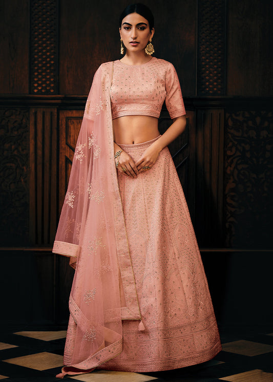 Pinkish Orange Raw Silk Lehenga Choli with Embroidery Work